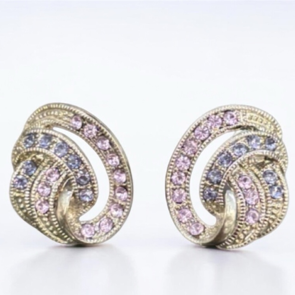 Vintage Earrings Sparkling Pink Purple Crystal Cubic Zirconia Formal Swirl Knot - Picture 15 of 16